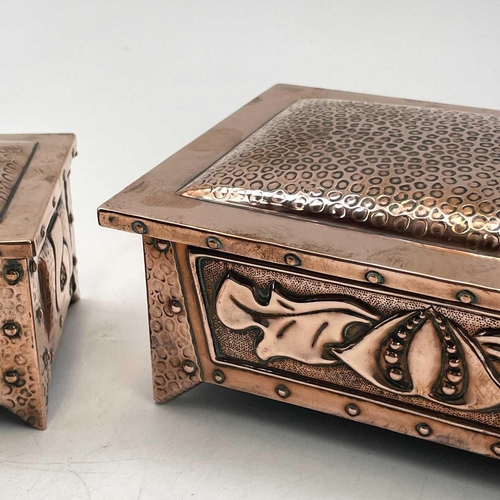 160 - An Arts and Crafts copper box and cover, probably Hayle, repousse decorated with stylised flowers an... 