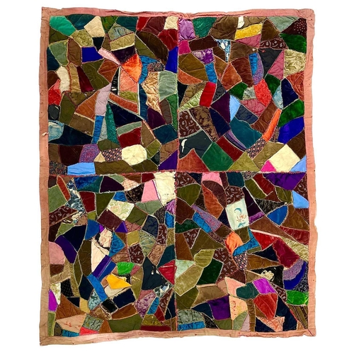 1601 - A Victorian patchwork quilt with various velvet sections 180cm x 144cm together with a Victorian pri... 