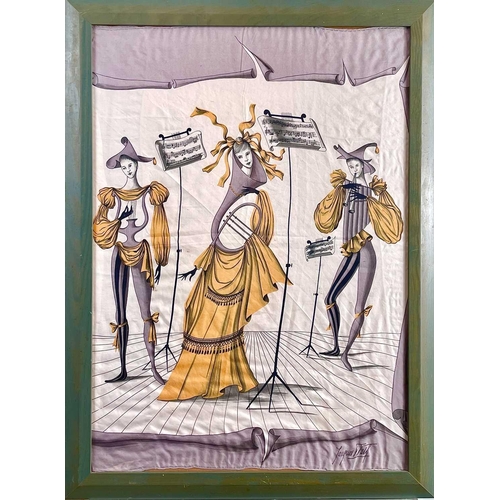 1605 - A Jaques Fath silk scarf, the surreal scene decorated with three musicians, 68X49cm, framed.