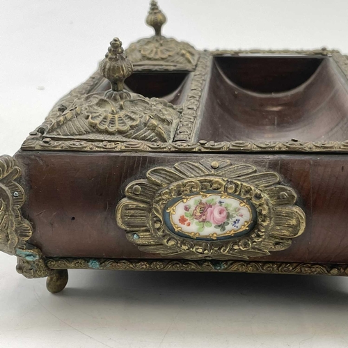 161 - A French kingwood and gilt brass mounted desk stand, with two lidded compartments and Paris porcelai... 