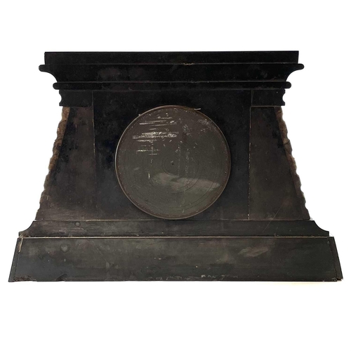 1704 - A French Egyptianesque black slate and marble mantle clock, circa 1890, with engraved motifs and flu... 