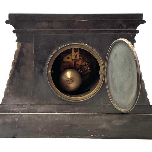 1704 - A French Egyptianesque black slate and marble mantle clock, circa 1890, with engraved motifs and flu... 