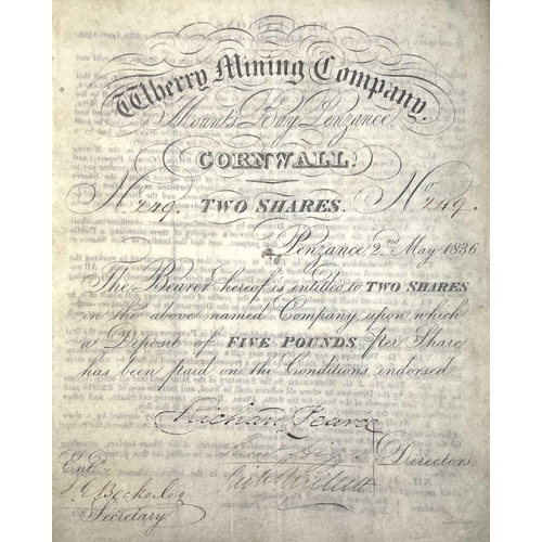 171 - A Wherry Mining Company Mount's Bay Penzance share certificate, printed on vellum, dated 2nd May 183... 