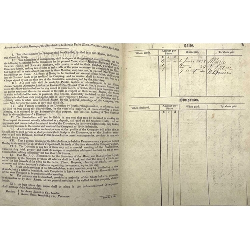 171 - A Wherry Mining Company Mount's Bay Penzance share certificate, printed on vellum, dated 2nd May 183... 