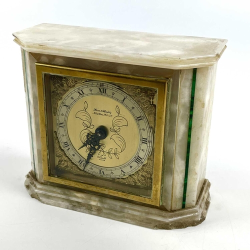 1710 - An Elliott mantel timepiece, circa 1930s, contained in a malachite inlaid white marble case and with... 