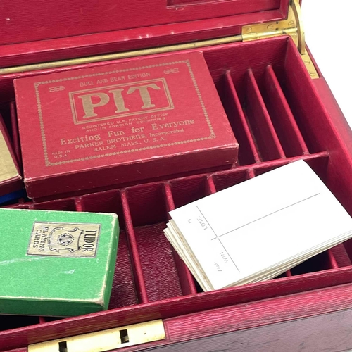 18 - A red Morocco leather games box, by Clark, 20, Bond Street, monogrammed AW for Alfred Wagg, with gil... 