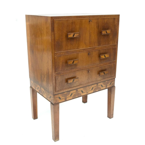 1800 - An Art Deco walnut and inlaid secretaire chest by Judith E. Hughes, of small proportions, the upper ... 