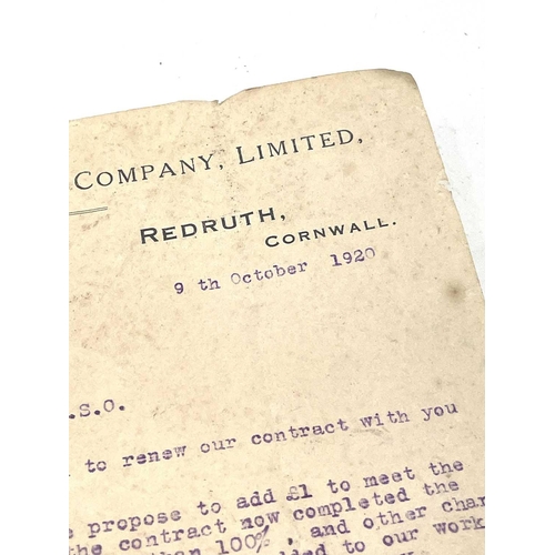 180a - A letter from the Cornish Tin Smelting Company Ltd in Redruth dated 9th October 1920 regarding contr... 