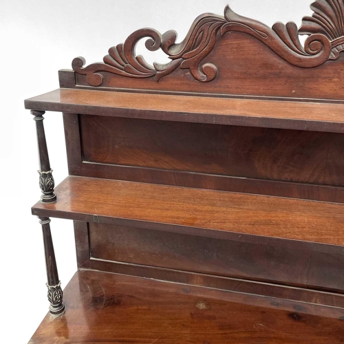 1817 - A William IV mahogany chiffonier, the raised back fitted two shelves above a long frieze drawer and ... 