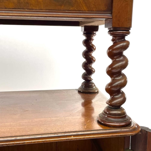 1821 - A Victorian mahogany two tier buffet, with raised back above two drawers, with twist supports and tw... 