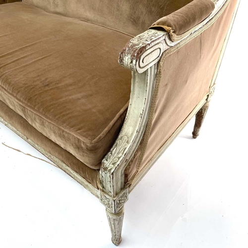 1829 - A Louis XV style painted carved wood settee, circa 1900, with lappet carved terminals on fluted turn... 