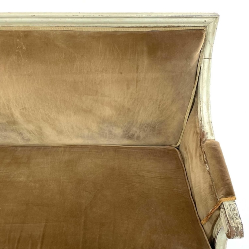 1829 - A Louis XV style painted carved wood settee, circa 1900, with lappet carved terminals on fluted turn... 