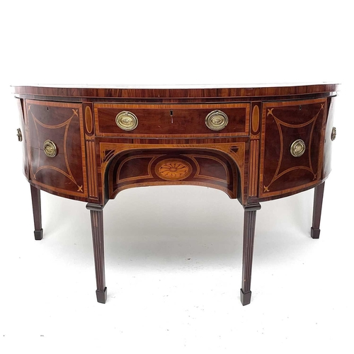 1851 - A George III mahogany, satinwood banded, and inlaid sideboard, circa 1790, of semi-elliptical outlin... 