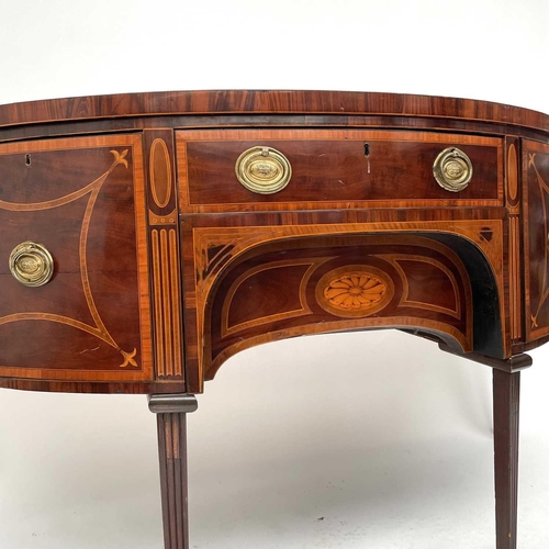 1851 - A George III mahogany, satinwood banded, and inlaid sideboard, circa 1790, of semi-elliptical outlin... 