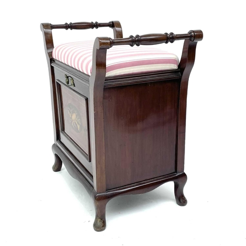 1854 - An Edwardian mahogany and inlaid piano stool, with padded seat and turned side rails, drop-down fron... 