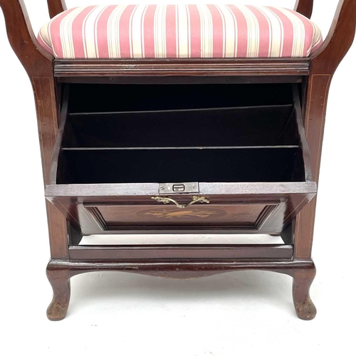 1854 - An Edwardian mahogany and inlaid piano stool, with padded seat and turned side rails, drop-down fron... 