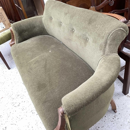 1862 - A late Victorian walnut framed salon settee, with button back, on turned front legs, height 73cm, wi... 