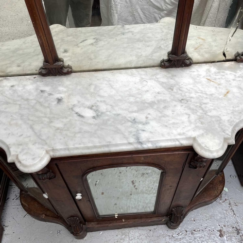 1863 - A Victorian walnut mirror back sideboard, with marble top above three mirrored doors, height 169cm, ... 