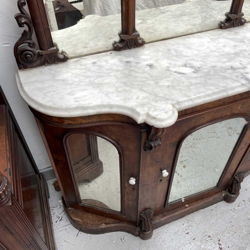 1863 - A Victorian walnut mirror back sideboard, with marble top above three mirrored doors, height 169cm, ... 