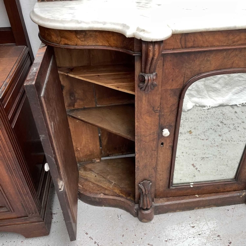 1863 - A Victorian walnut mirror back sideboard, with marble top above three mirrored doors, height 169cm, ... 