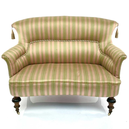 1866 - A late Victorian three piece beech framed salon suite, with Regency stripe upholstery and raised on ... 