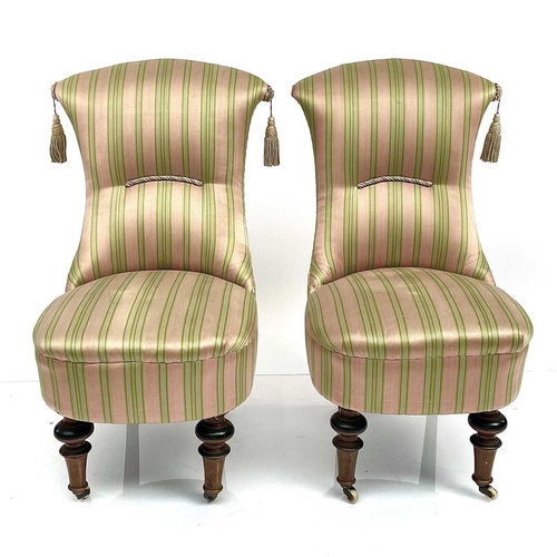 1866 - A late Victorian three piece beech framed salon suite, with Regency stripe upholstery and raised on ... 