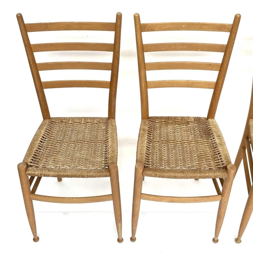 1869 - A Set of four beech ladderback dining chairs, in the style of Gio Ponti, with seagrass seats and tur... 