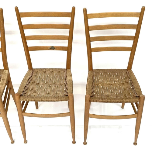 1869 - A Set of four beech ladderback dining chairs, in the style of Gio Ponti, with seagrass seats and tur... 