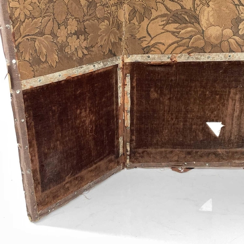 1877 - A Threefold vanity screen, with machine tapestry panels of figures in a garden, height 190cm, total ... 