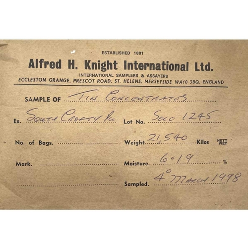 189 - Tin concentrates from South Crofty Mine, dated 1998; together with a description of the assay signed... 