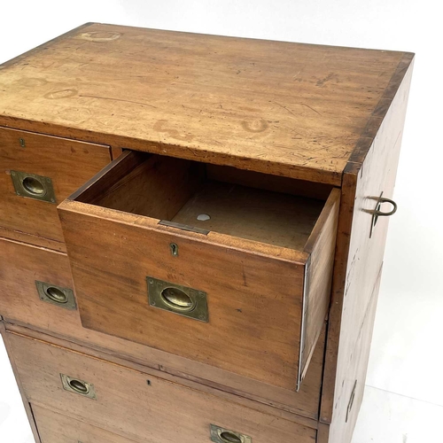 1902 - An early Victorian teak two-part campaign chest, with two short and three long drawers with recessed... 