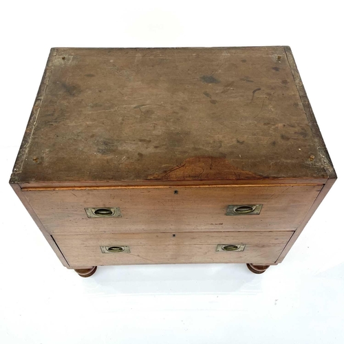 1902 - An early Victorian teak two-part campaign chest, with two short and three long drawers with recessed... 