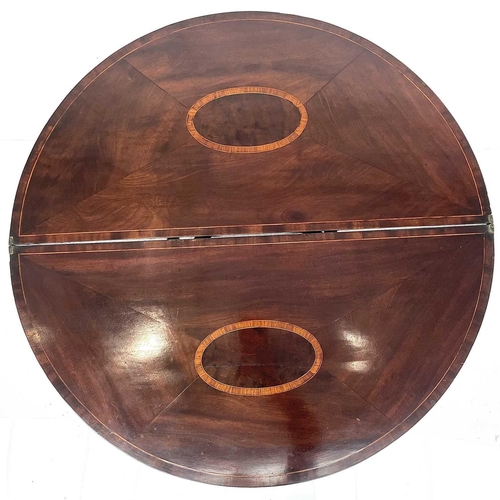 1903 - A George III mahogany half round fold top tea table, with segment panels and kingwood inlay, on squa... 