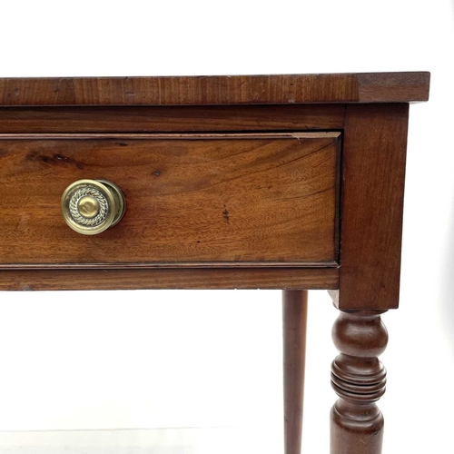 1908 - A late George III mahogany side table, fitted a long drawer on turned legs, height 82cm, width 92cm,... 