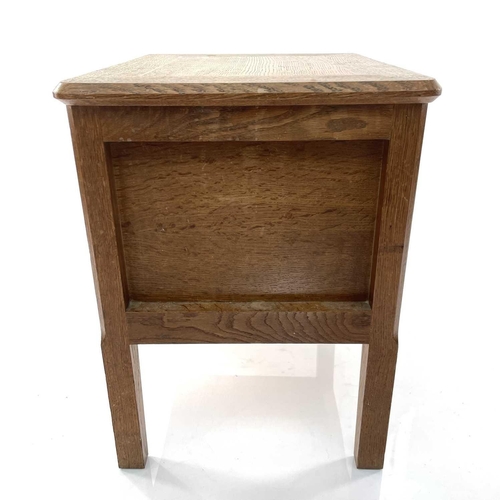 1909 - Judith Hughes, An oak open bedside table, circa 1930, raised on square chamfered legs, monogrammed b... 