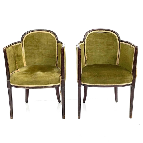 1917 - A pair of Art Deco mahogany framed tub chairs, with moulded frames and front legs, height 87cm, widt... 