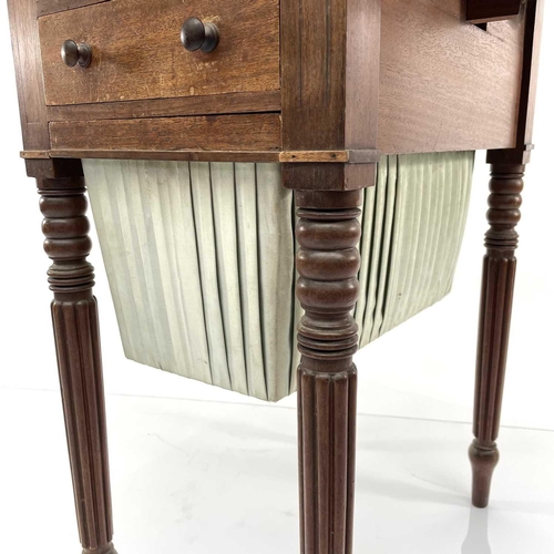 1919 - A Regency mahogany and rosewood banded twin flap work table, fitted two real and two sham drawers wi... 