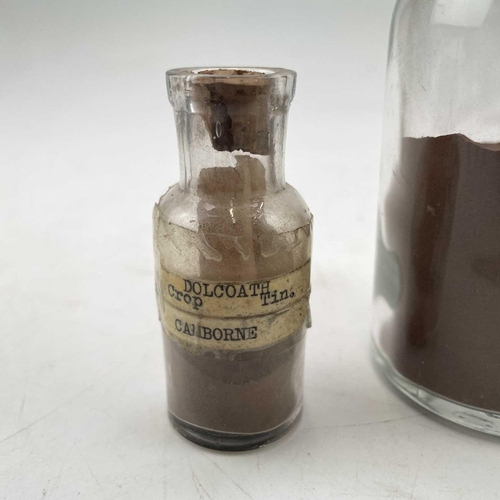 192 - A small jar of crop tin from Dolcoath Mine, Camborne, with original Victorian copper plate label ins... 