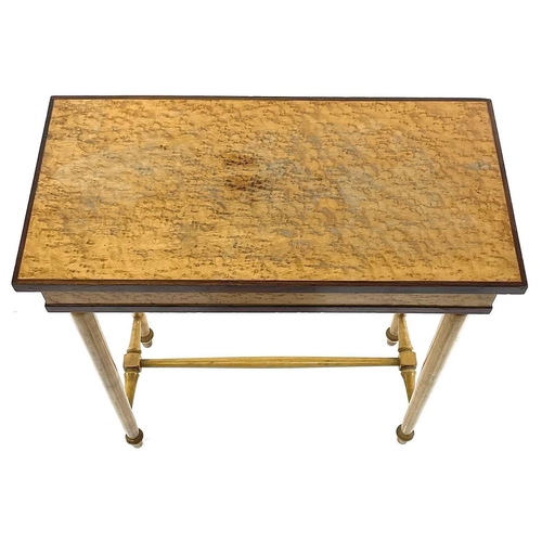 1921 - A burr maple side rectangular table, on turned legs, height 68cm, width 61cm, depth 30.5cm, together... 