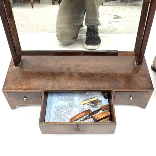 1926 - A George III mahogany swing toilet mirror, the base fitted three drawers, height 58cm, width 53cm, d... 