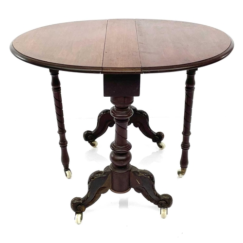 1930 - A Victorian walnut small Sutherland table, with oval twin flaps on a turned and carved underframe, h... 