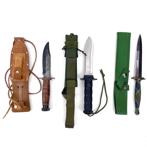 207 - A US style special forces dagger, the blade inscribed Haller, length 31cm, together with two hunting... 