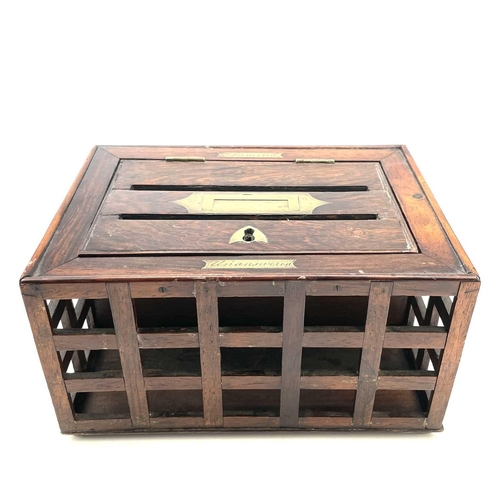 21 - A Regency rosewood correspondence letter box, of open cage form, with recessed handle and two engrav... 