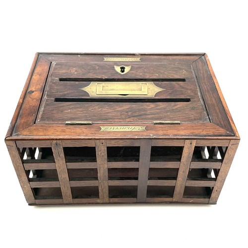 21 - A Regency rosewood correspondence letter box, of open cage form, with recessed handle and two engrav... 