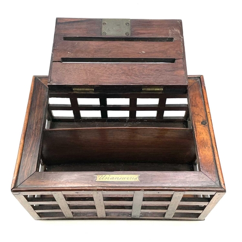 21 - A Regency rosewood correspondence letter box, of open cage form, with recessed handle and two engrav... 