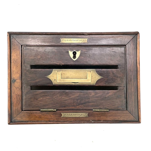 21 - A Regency rosewood correspondence letter box, of open cage form, with recessed handle and two engrav... 