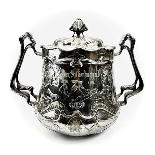 214 - An Art Nouveau plated punch pot, cover and liner, circa 1900, possibly Kayserzinn or WMF with emboss... 