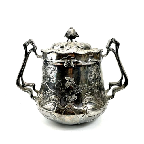 214 - An Art Nouveau plated punch pot, cover and liner, circa 1900, possibly Kayserzinn or WMF with emboss... 