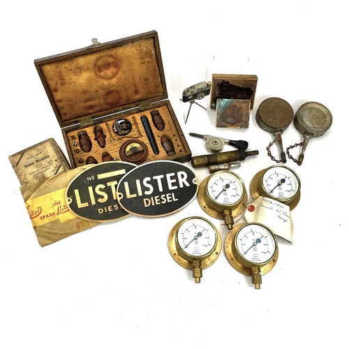 218 - Three oval cast bronze plaques for Lister diesel, 11.5X17cm, together with four brass oil pressure g... 