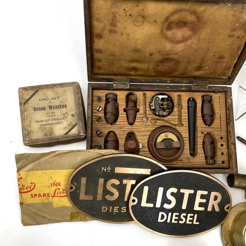 218 - Three oval cast bronze plaques for Lister diesel, 11.5X17cm, together with four brass oil pressure g... 